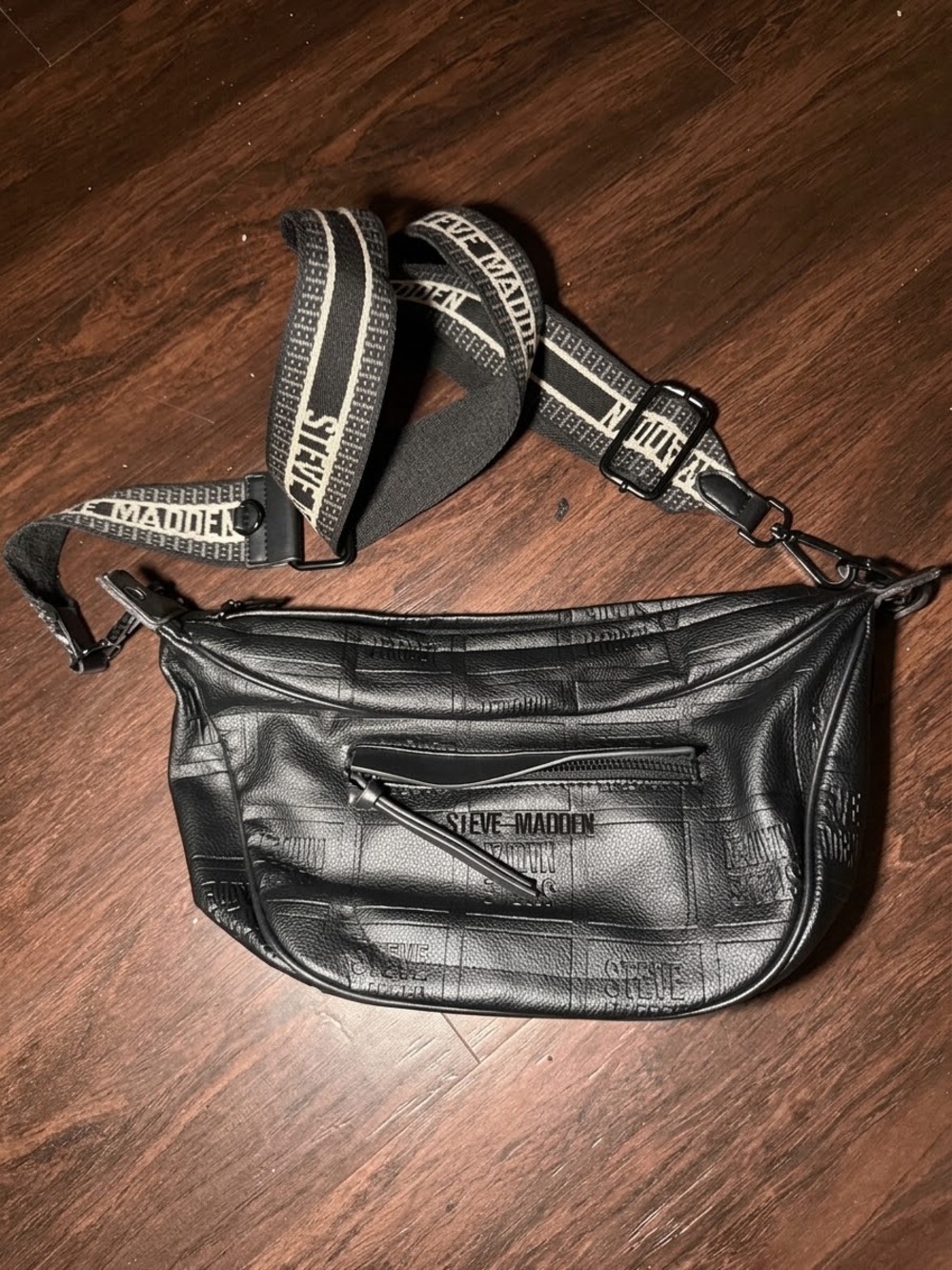 Steve Madden Black Leather Logo-Embossed Belt Bag with Branded Strap